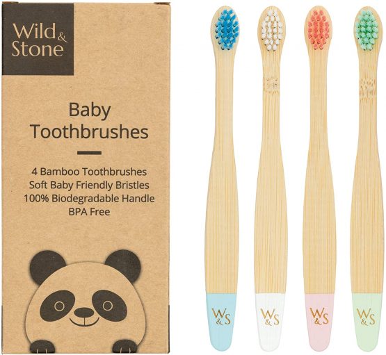 Wild & Stone Organic Baby Bamboo Toothbrush | Four Colours | Soft Fibre Bristles | 100% Biodegradable Handle | BPA Free | Vegan Eco Friendly Baby Toothbrushes