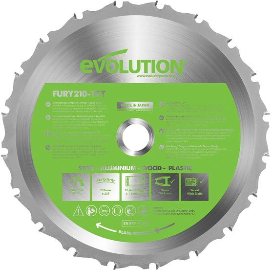 Evolution Power Tools F210TCT-20T (Fury) Multi-Material TCT Blade Cuts Wood, Metal and Plastic, 210 mm