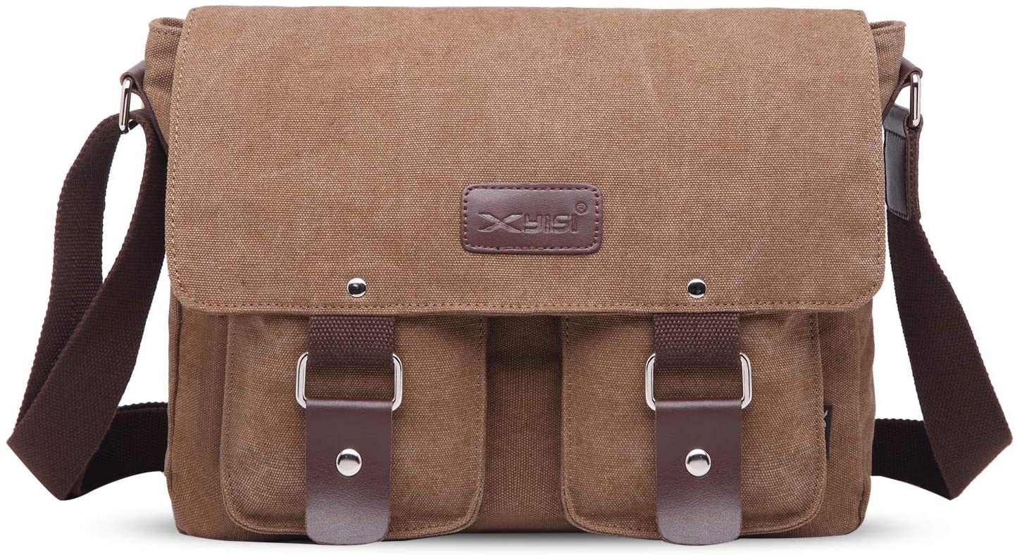 FANDARE Vintage Crossbody Bag Unisex Canvas Messenger Bag 7.9 inch Tablet Satchel Bag Travel Shoulder Bag Working Bag Bookbag Briefcase for Men and Women Brown
