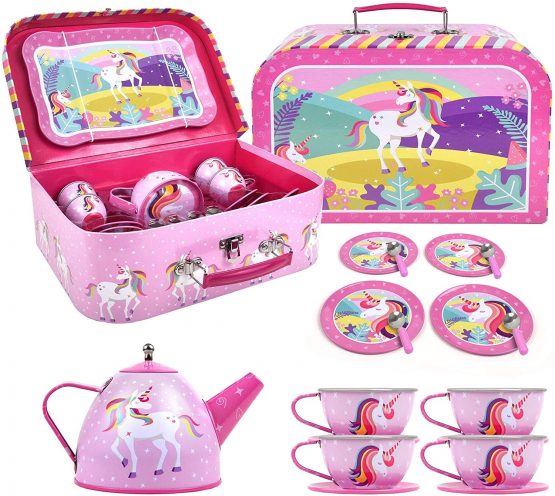 SOKA Unicorn Metal Tin Teapot Set with Carry Case Toy for Kids - 18 Pcs Illustrated Colourful Design Toy Tea Party Set for Boys and Girls Pretend Role Play - Image 3