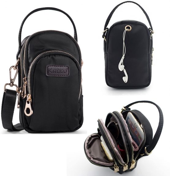Katloo Women Crossbody Mobile Phone Travel Organizer Bag Handbag with Strap Wallet Case holder for iPhone 11 Pro Max XS XR 8 7 6S Samsung A10 Galaxy S20 Ultra Black Mini Zip Pouch Purse
