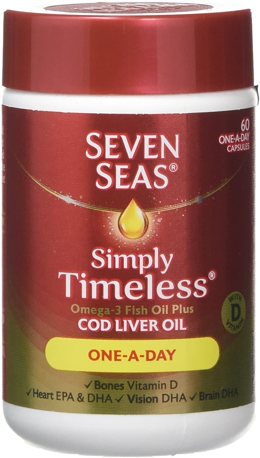 Seven Seas Cod Liver Oil One-A-Day Omega-3 Fish Oil and Vitamin D, 60 Capsules, 2 Months Supply, White, 60 count (Pack of 1)