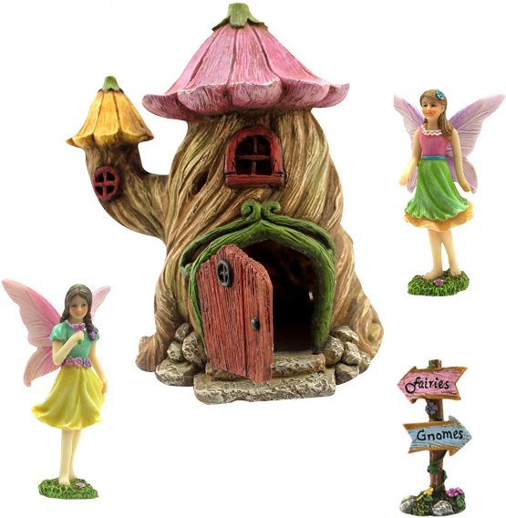 PRETMANNS Fairy Garden Accessories – Fairy House & Miniature Fairy Figurine Ornaments – House is 18 cm High & Door can open wide - 4 Pieces