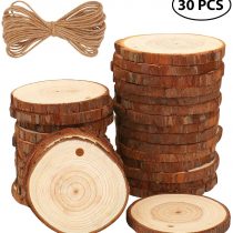 Fuyit Natural Wood Slices 30 Pcs 6-7cm Drilled Hole Unfinished Log Wooden Circles for DIY Crafts Wedding Decorations Christmas Ornaments with Free Gifts