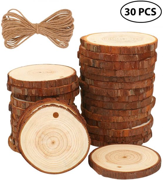 Fuyit Natural Wood Slices 30 Pcs 6-7cm Drilled Hole Unfinished Log Wooden Circles for DIY Crafts Wedding Decorations Christmas Ornaments with Free Gifts