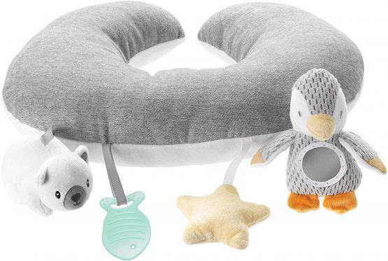 Nuby Penguin Tummy Time Pillow For Babies, Grey And White Plush Nursery Accessories