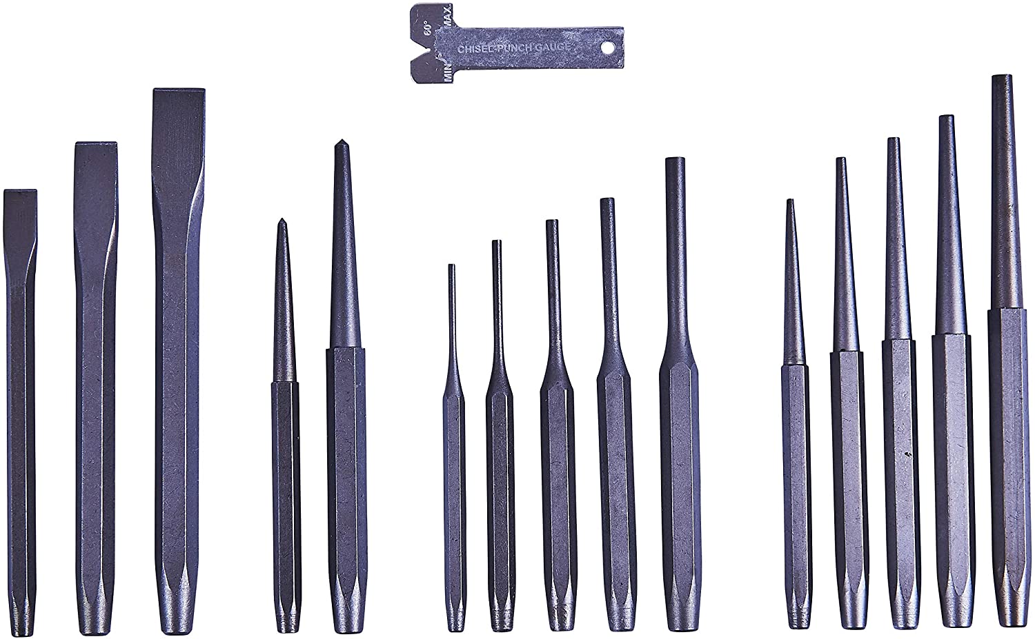 Amtech I1225 16pc Mechanics' Punch & Chisel Set, Carbon Steel Pin, Taper & Cold Chisels with Gauge
