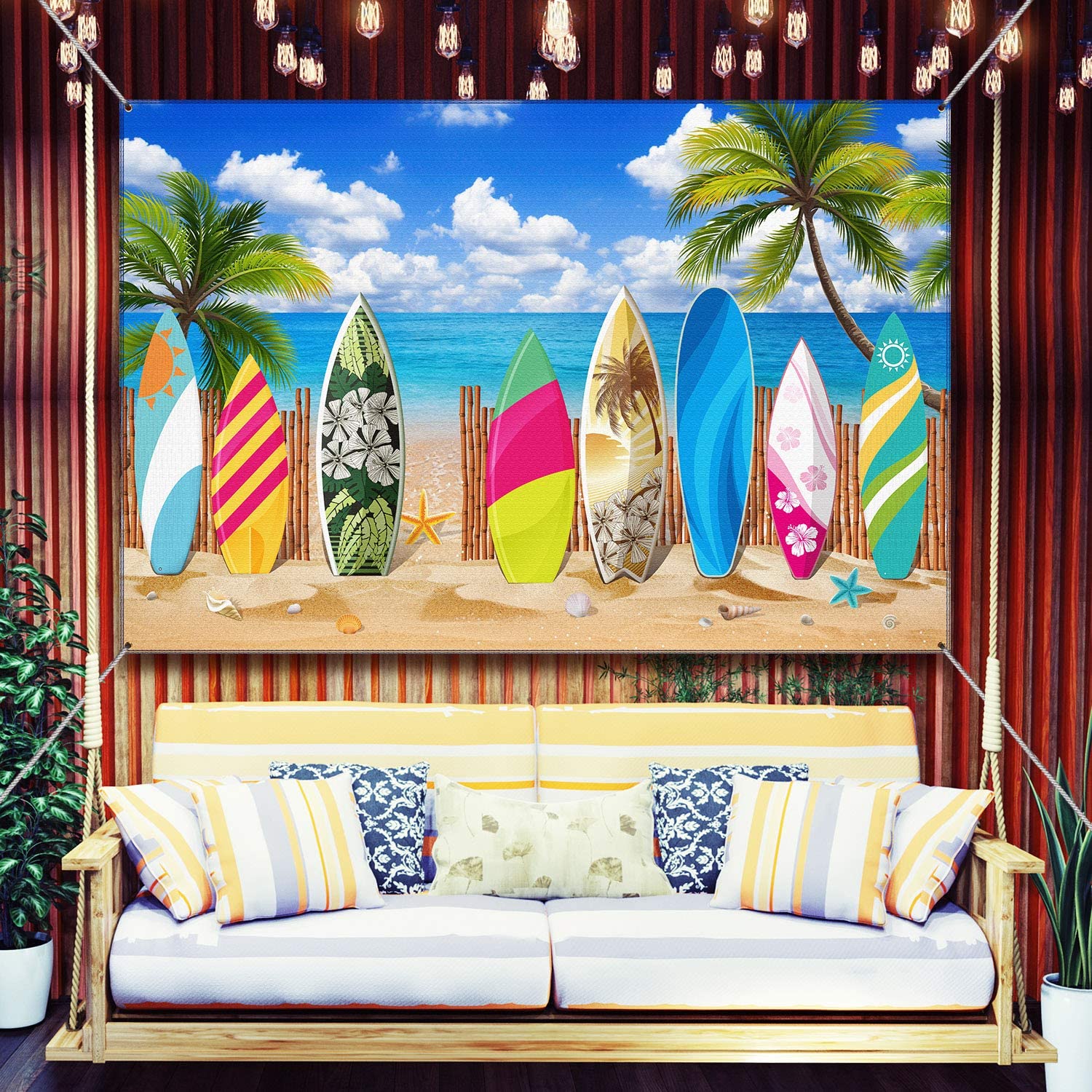 Blulu Beach Party Decorations Tropical Background Banner Summer Hawaiian Beach Decorations Surfboard Backdrop Luau Party Backdrop for Photography Birthday Tiki Themed 72. 8 x 43. 3 Inch - Image 4