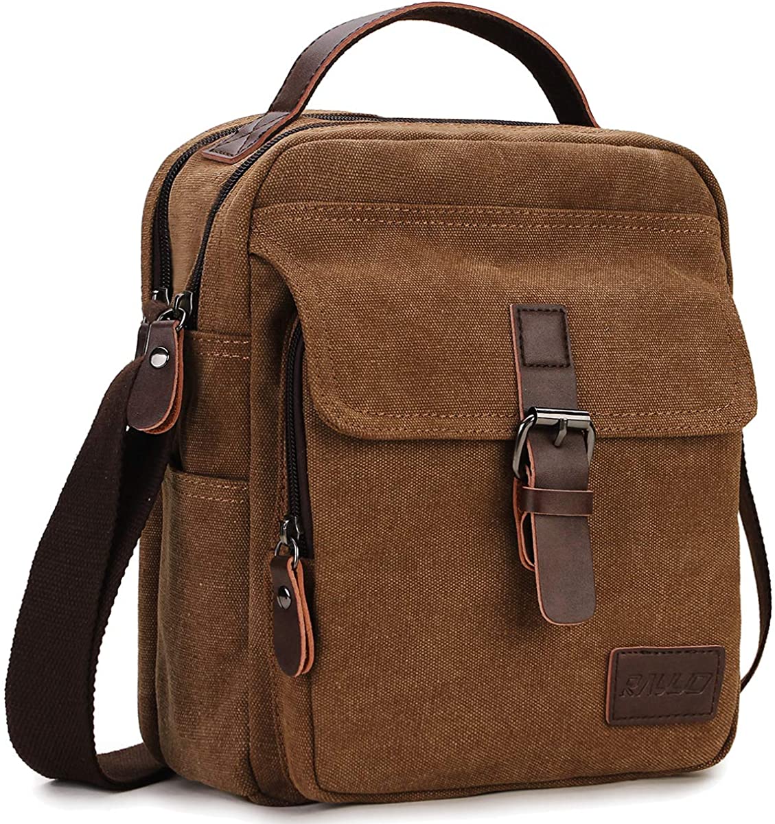 RAVUO Small Messenger Bag,Unisex Casual Canvas Satchel Vegan Leather Shoulder Bag Crossbody Wallet Phone Bag for Men and Women Coffee, s, Coffee