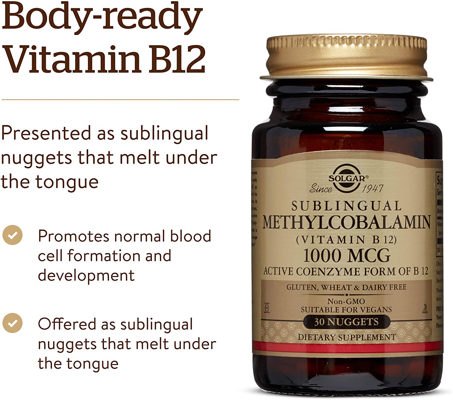 Solgar Methylcobalamin (Vitamin B12) 1000 µg Nuggets, Pack of 30 - for Energy Support - Easy to Take, Dissolvable - Vegan - Image 4