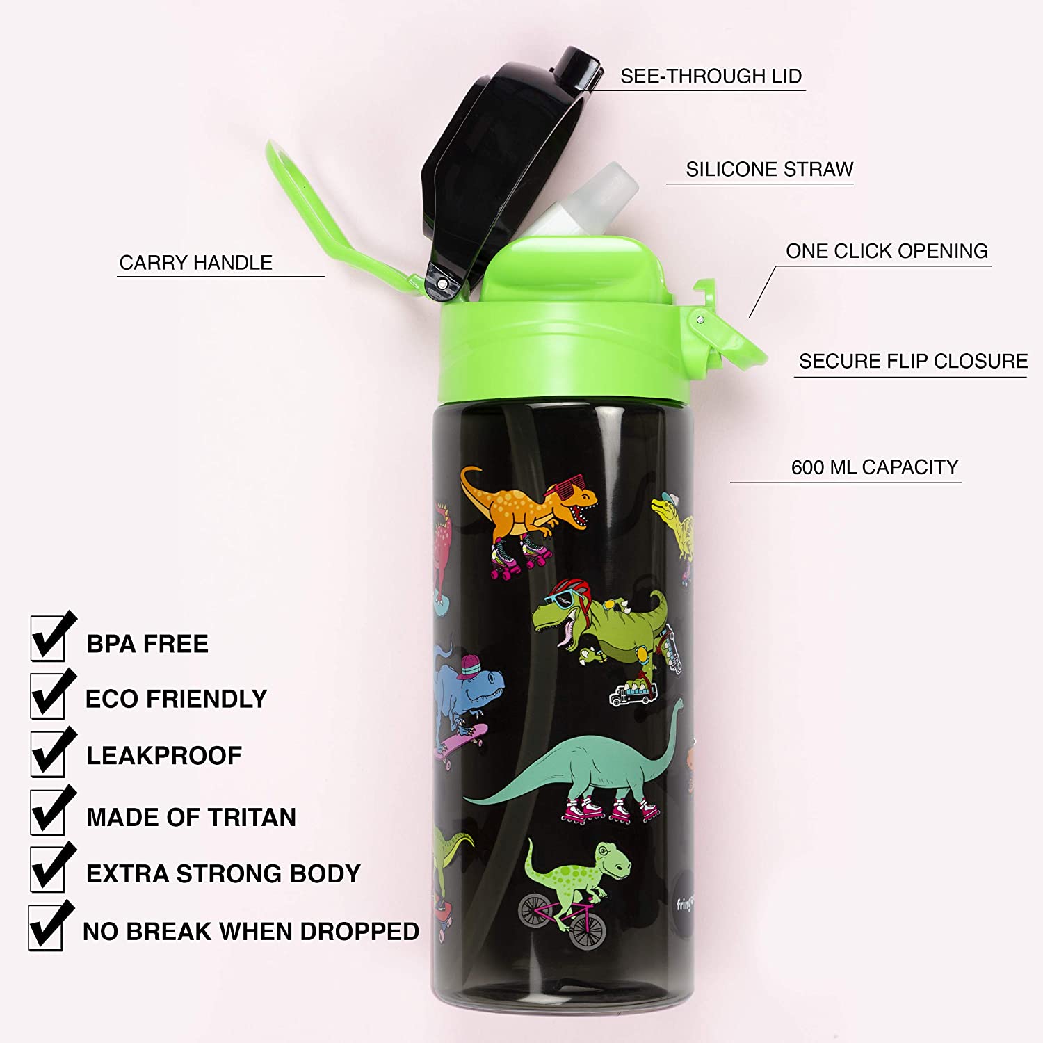 Fringoo, 600ml Kids Water Bottle with Straw & Fliptop Lock, 100% Leakproof, BPA Free 600ml Kids Water Bottle for School - Image 3
