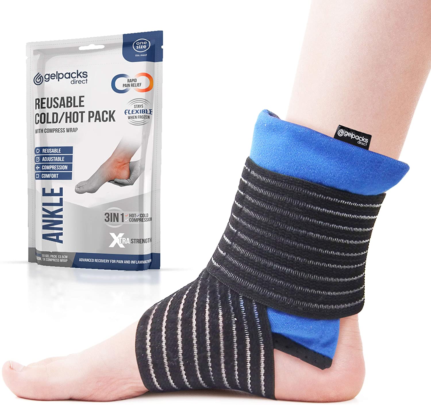 Gel Packs Direct, 3-in-1 Multipurpose Reusable Hot & Cold Flexible Ankle Ice Packs for Sports Injuries Sprains, Fractures