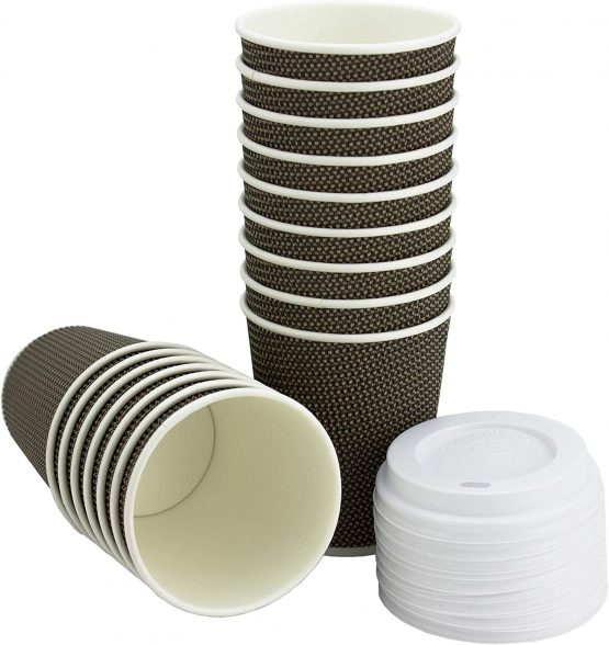 Signature Ripple Hot Cups - Disposable Coffee Cups with Lids for Takeaway Drinks - 50 Cups and 50 Lids - Triple Wall Insulated Paper Cups for Hot Drinks and Leak Proof Lids (8 oz)