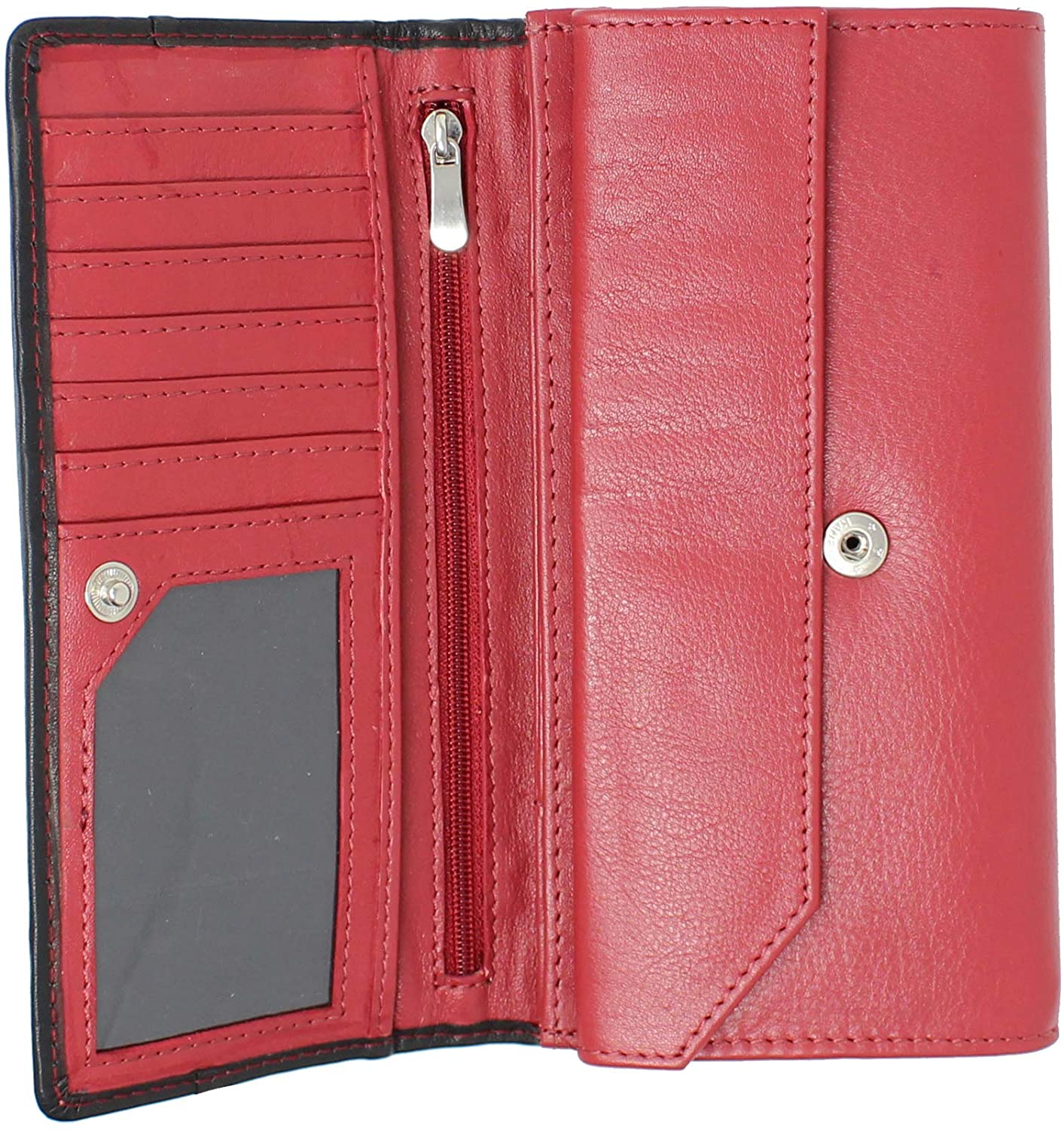 STARHIDE Ladies Purse Women RFID Blocking Genuine Leather Flap Over Long Clutch Wallet 5560 (Red Black), Black Red - Image 3