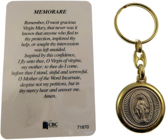 C bc Virgin Mary Miraculous brass and silver keyring with Memorare prayer card - Image 2