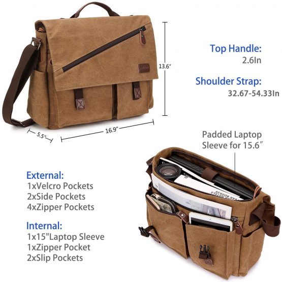 Messenger Bag for Men,Water Resistant Unisex Canvas Shoulder Bag Fits for 14 Inch Laptop Vintage Cross Body Satchel Bag for Work and School - Image 3