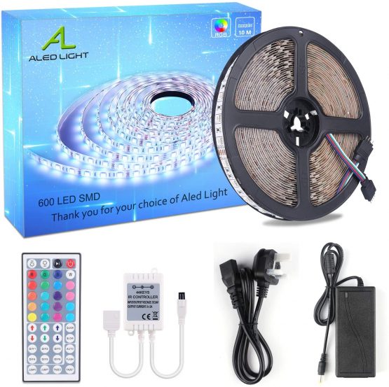 ALED LIGHT 10M 5050 RGB 600Led Color Changing Led Strips with 44 Key IR Remote+UK Plug Adapter Power Supply for Home Lighting and Kitchen Decorative