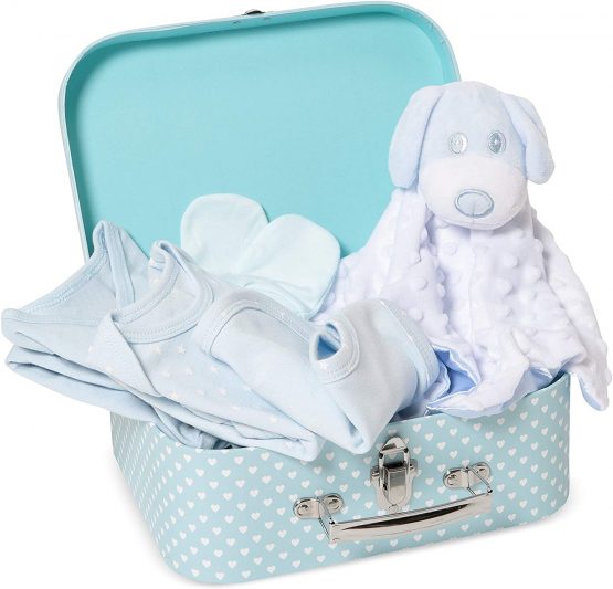 Baby Gift Set - Blue Hamper Box for Baby Boy with Newborn Essentials Including a Comforter, Bodysuit, Sleepsuit, Cotton Bib and Mittens