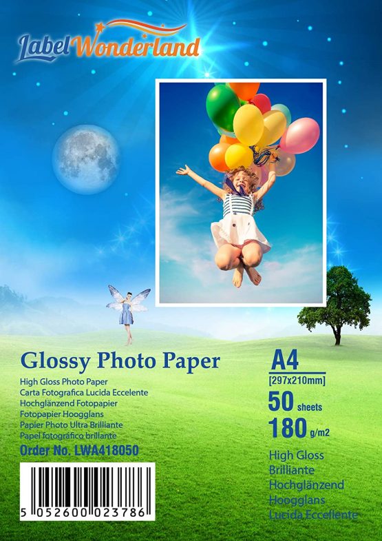50 Sheets of 180 GSM High Gloss A4 Photo Paper (210 mm x 297 mm) A4 Picture Printing Paper for Canon,HP,Epson Inkjet Printers Glossy LabelWonderland (A4-50 Sheets)