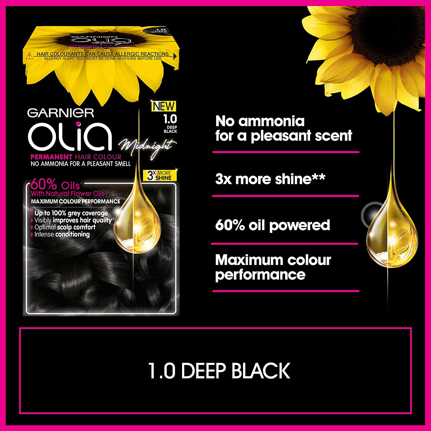 Garnier Olia Black Permanent Hair Dye, Up to 100% Grey Hair Coverage, No Ammonia, 60% Oils - 1.0 Deep Black - Image 3