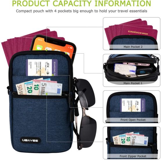 UBAYEE Travel Phone Passport Pouch Bag (Fits 6.7 Inch), Small Crossbody Shoulder Bag for Men and Women with RFID Blocking Pocket - Navy Blue - Image 3