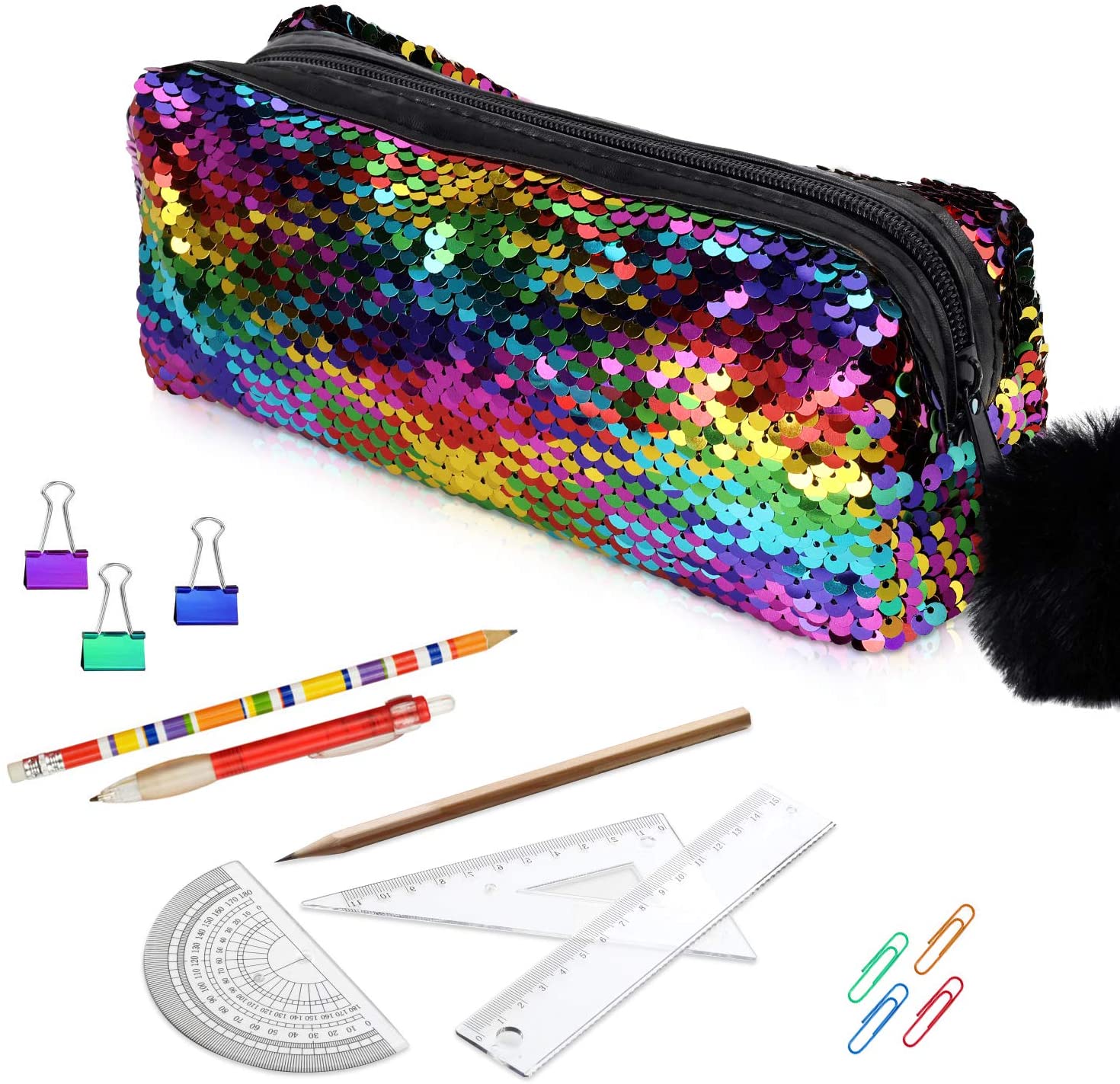 PHOGARY Mermaid Sequins Pencil Case for Girls Secondary School Pencil Bags with Fluffy Zipper - Image 2