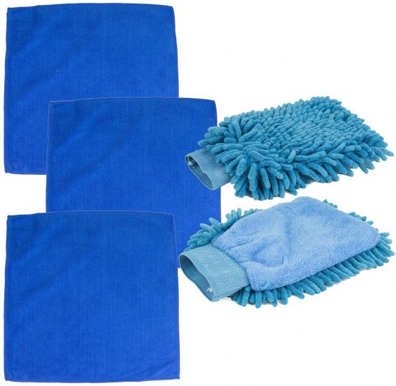 TaylorHe Car Wash Cleaning Kit Set of Dry or Wet Double Sided Mitts/Gloves and Microfibre Lint Free Cloths/Towels (2 x Mitts + 3 x Cloths)