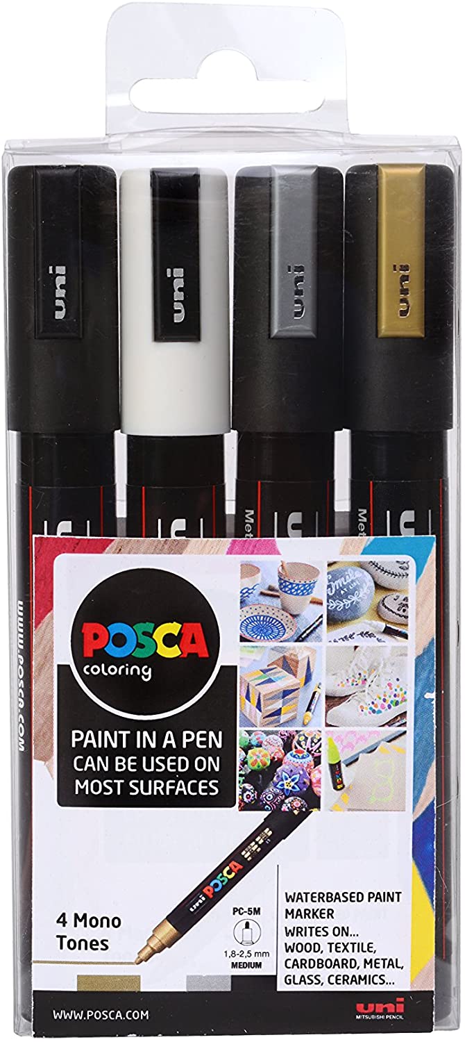POSCA PC-5M Permanent Marker Paint Pens - Bullet Tip - Use On Virtually any Surface - Set of 4 Mono Colours