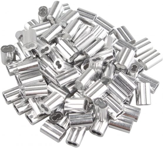 Futheda 100 pcs Aluminum Crimping Loop Sleeve Clips with Double Ferrules/Holes for 1.5mm Cable Wire Rope Silver Tone