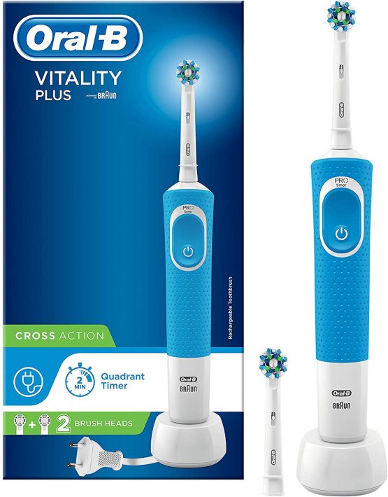 Oral-B Vitality Plus CrossAction Electric Rechargeable Toothbrush, 1 Blue Handle, 2 Brush Heads, UK 2 Pin Plug