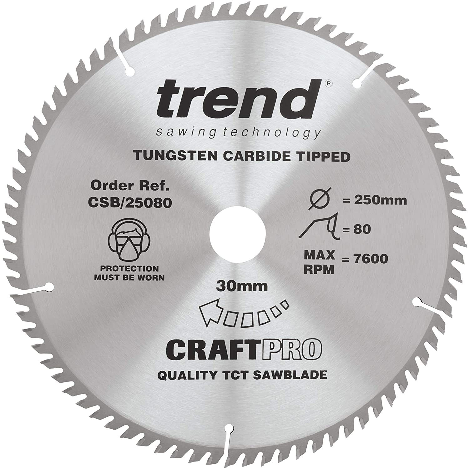 Trend Wood Circular Saw Blade, 250mm Diameter, 30mm Bore, 80 Teeth, 2.8mm Kerf, +5° Hook, TCT, Extra-Fine Finish, CSB/25080