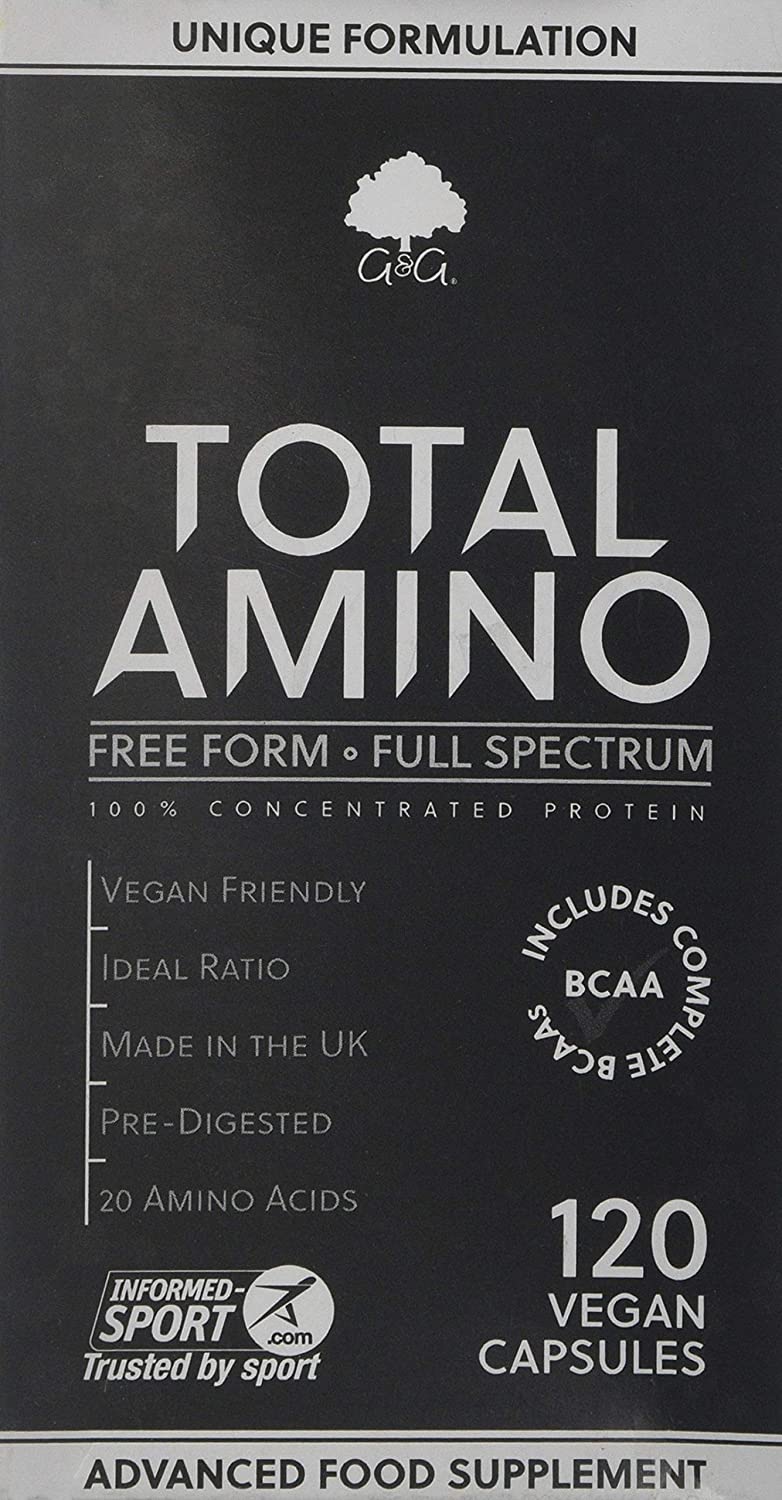 Total Amino - Full Spectrum - All 20 Amino Acids - EAA, BCAA - Free Form - 120 Vegan Capsules - Made in the UK by G&G Vitamins