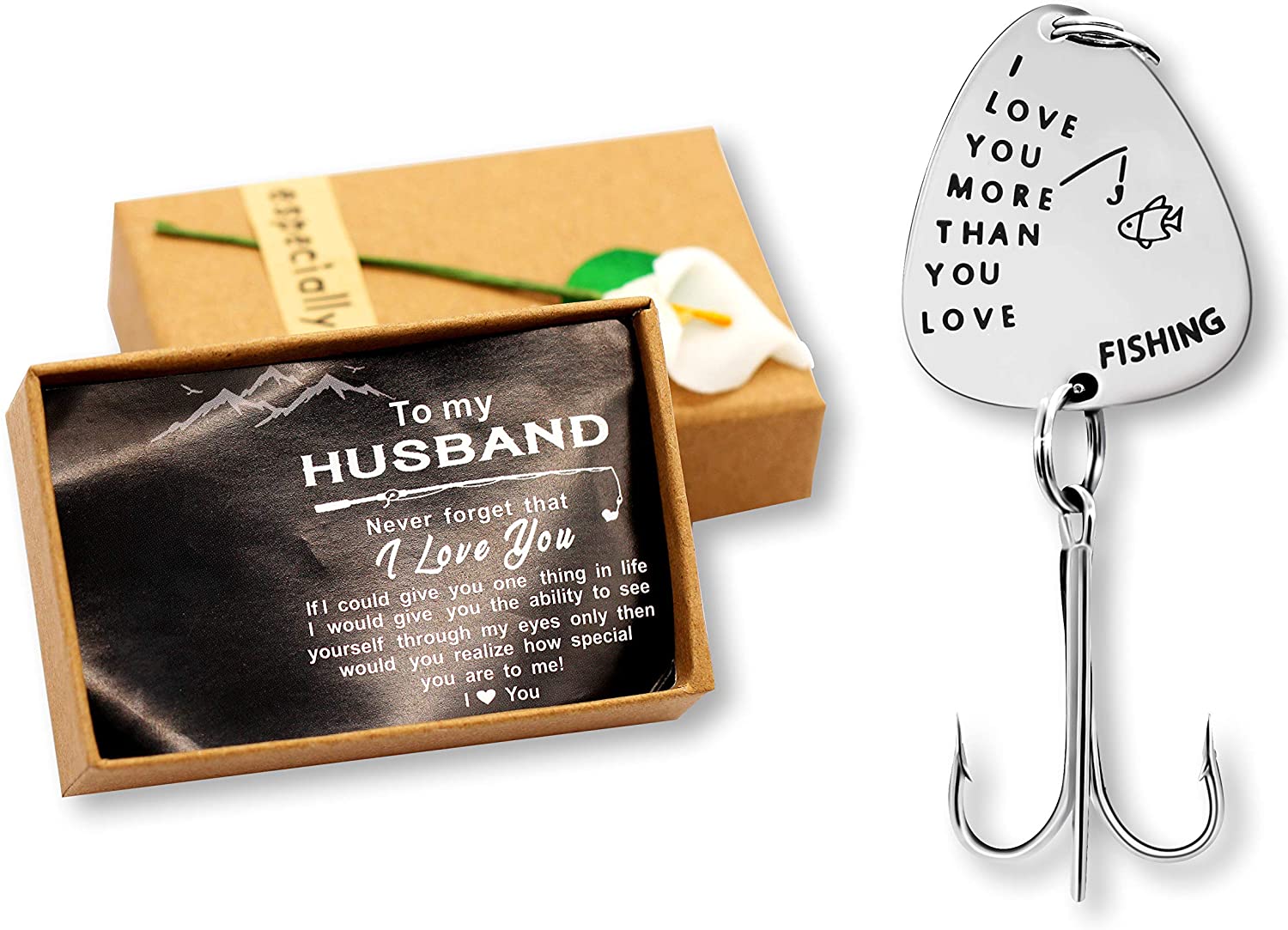 Uloveido Christmas New Year Gift Stainless Steel Treble Fish hooks Fishing Circle Hooks with Gift Box for Men Husband Dad Y578 (To lover-I love you more than you love)