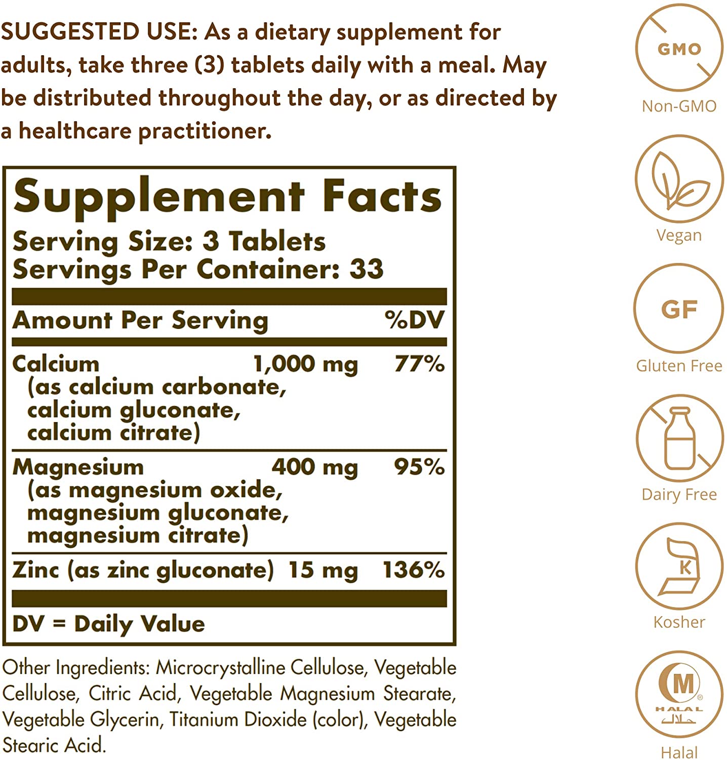 Solgar® Calcium Magnesium Plus Zinc Tablets - Pack of 100 - Healthy Bones, Teeth & Muscles - Supports Health of Nervous System - Vegan - Image 2