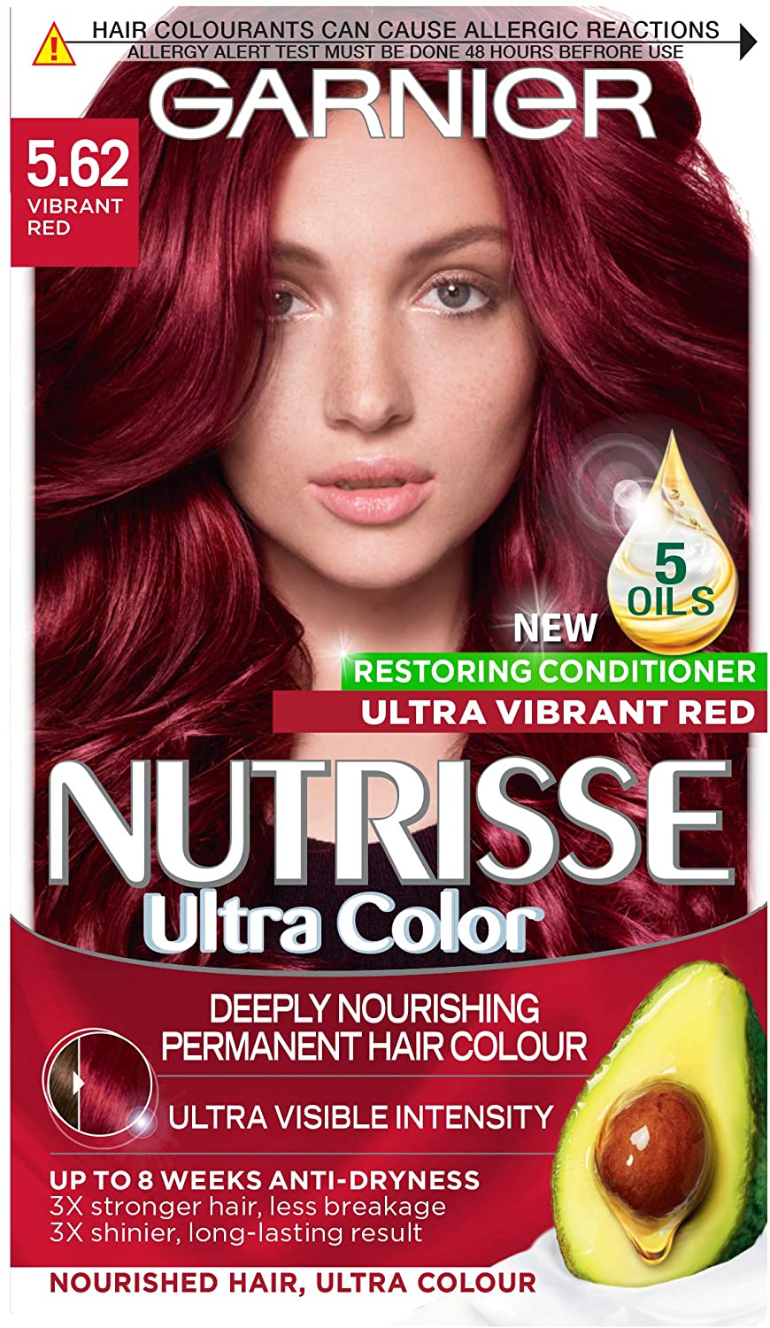 Garnier Nutrisse Red Hair Dye Permanent, Up to 100 Percent Grey Hair Coverage, with 5 Oils Conditioner - 5.62 Vibrant Red