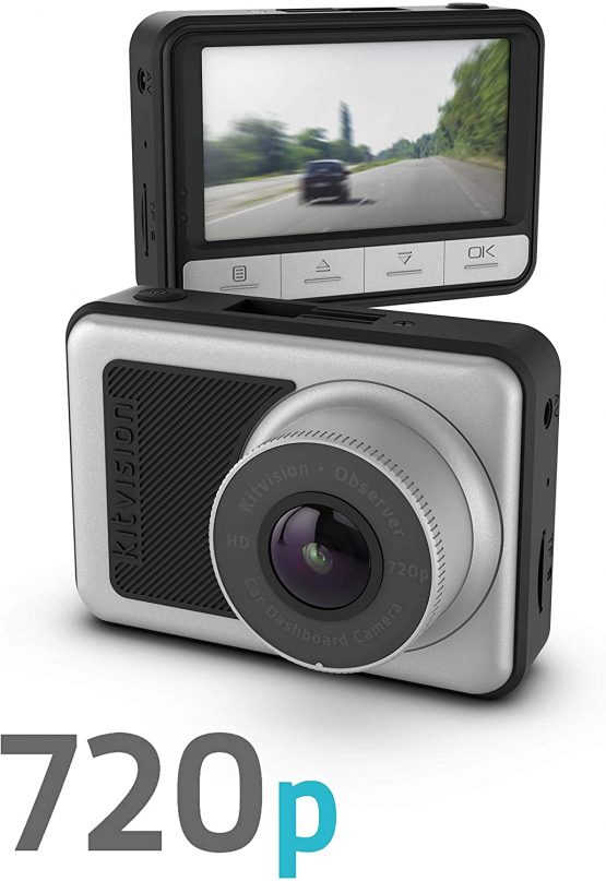Kitvision Dash Cam 720p Observer Dashcam – HD Dashboard Car Camera/Dash Cam with 2.45 Inch Screen, 140° Wide Angle, G Sensor Collision Detection, Motion Detect, Parking Mode – Black/Silver