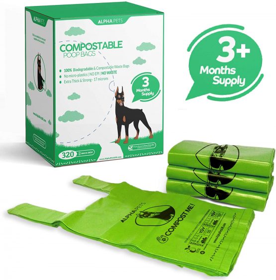 Alpha Pets Compostable Dog Poo Bags With Easy-Tie Handles - 320 Medium-Large Biodegradable Cornstarch Pet Waste Bags - 3 Month Supply With Dispenser Box