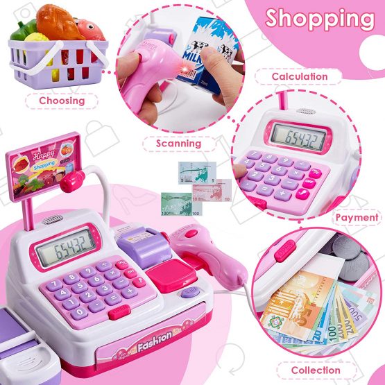 BUYGER 34 Pcs Kids Mini Childrens Toy Till for 3 Year Old Boys/Girls, Pretend Cash Register Till Toy with Scanner for Kid, Role Play Money Shopping toy for toddler, Pink, 24*12.5*16cm - Image 2