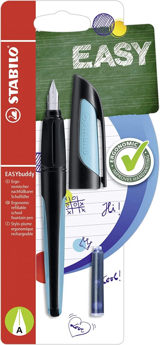 Ergonomic School Fountain Pen - STABILO EASYbuddy A Nib Black/Sky Blue