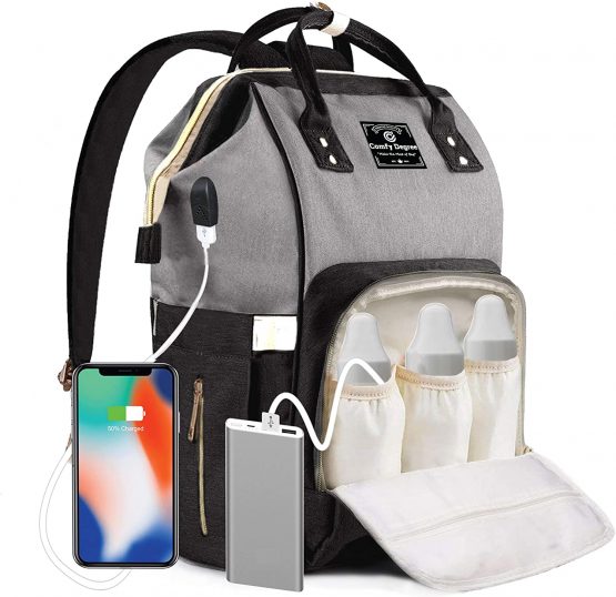 ComfyDegree Baby Changing Bag Backpack Waterproof Multi-Function Large Capacity Diaper Bag Rucksack with USB Port, Stroller Straps & Insulated Bottle Warmer Pockets for Mom and Dad (Black-Gray)
