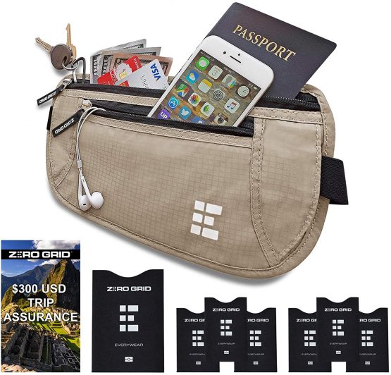 Zero Grid Money Belt w/RFID Blocking - Concealed Travel Wallet & Passport Holder, Ash