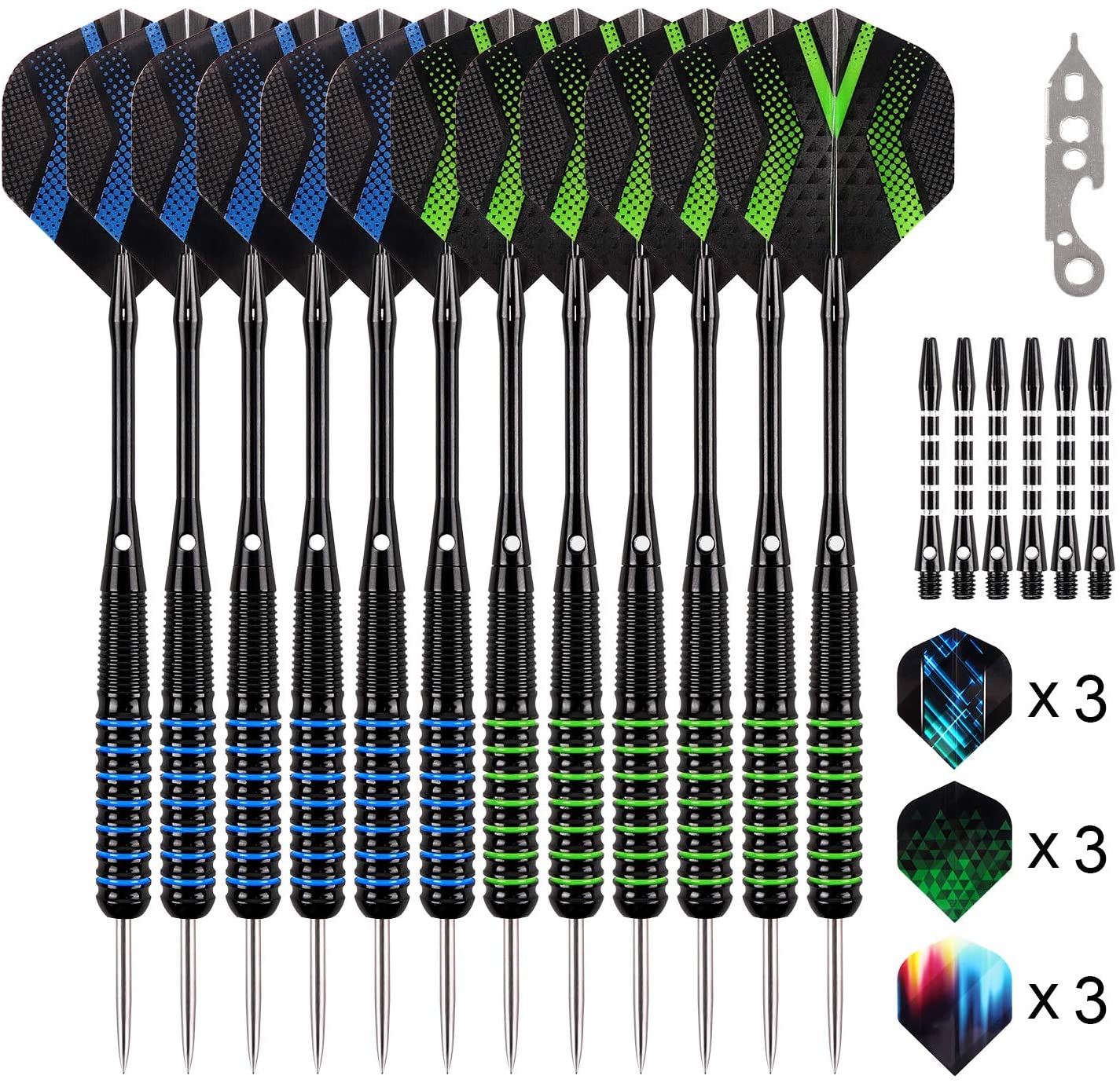 Grebarley 12pcs Steel Tip Darts Set 20/22g Metal Dart Set including Extra 9 Flights and 3 Shafts, blue and green