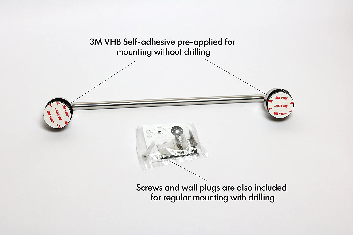 Kapitan Towel Bar Rail, 40 cm / 15.75 inches, Stainless Steel, Self Adhesive OR Screws Mounting, Bathroom, Kitchen Rack - Image 4