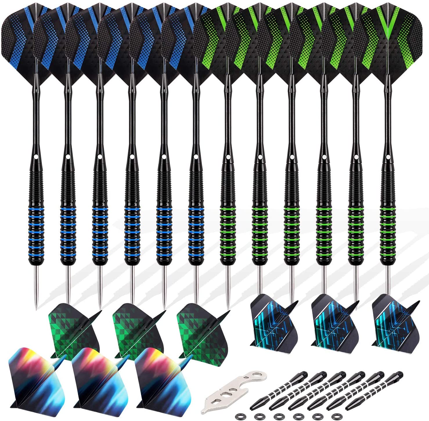 Grebarley 12pcs Steel Tip Darts Set 20/22g Metal Dart Set including Extra 9 Flights and 3 Shafts, blue and green - Image 3