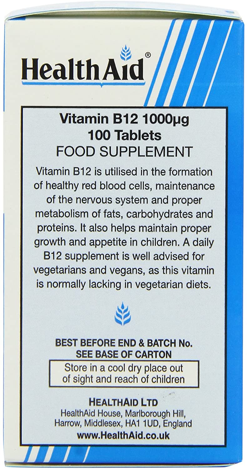 HealthAid Vitamin B12 (Cyanocobalamin) 1000ug - Prolong Release - 100 Tablets, 100 count (Pack of 1) - Image 4