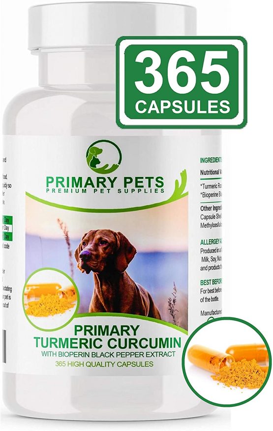 Primary Pets Premium Pet Supplies . Organic Turmeric for Dogs. 365 x 600mg Capsules. Curcumin Antioxidant Hip and Joint Aid Supplement with Active Piperine 12000mg