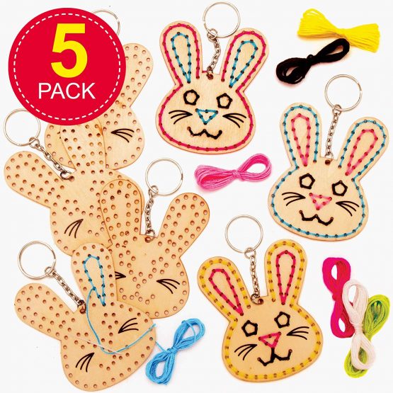 Baker Ross AT422 Easter Bunny Wooden Threading Keyring Kits - Pack of 5, Wooden Templates With Bright Coloured Wool For Craft Key Chains - Image 2