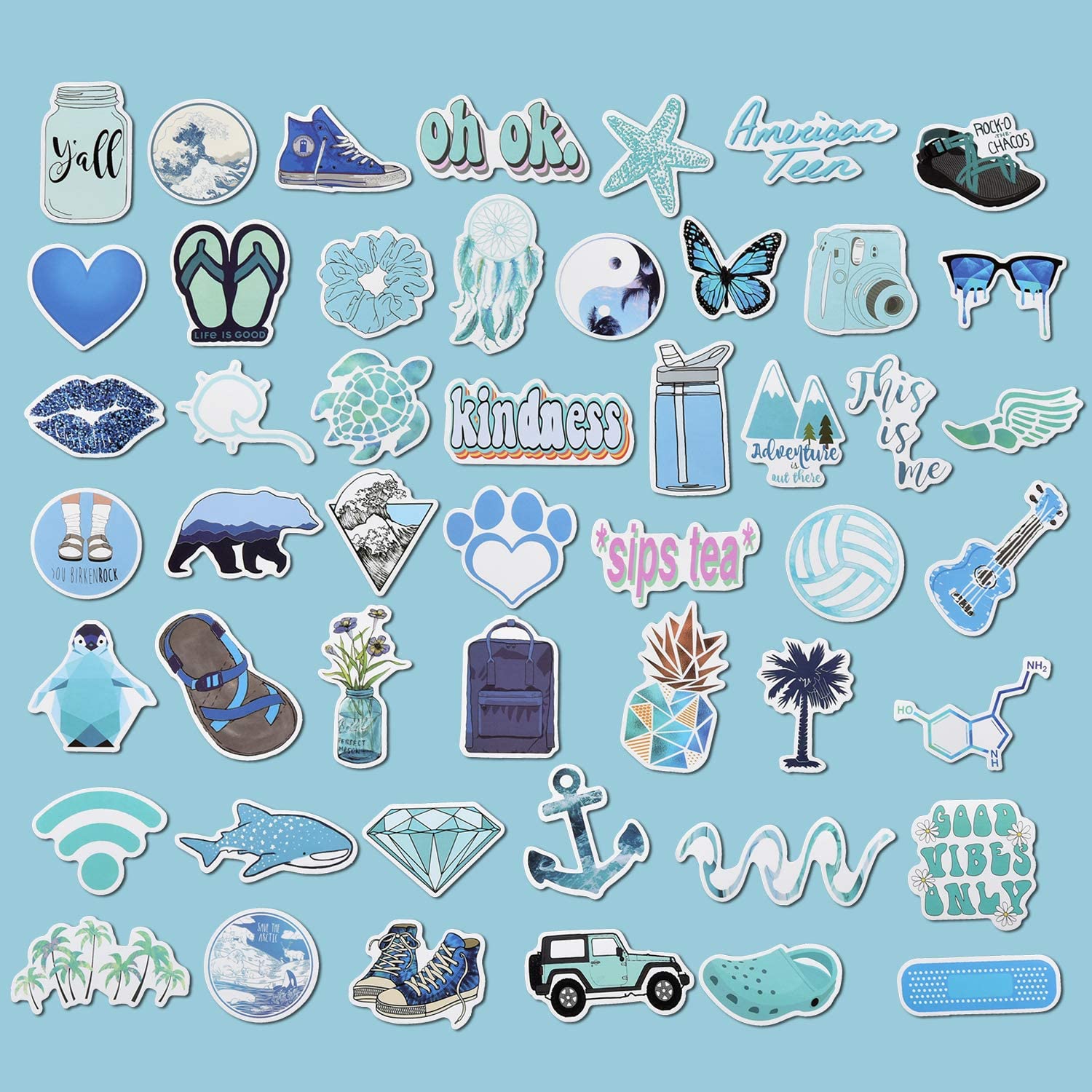 Willingood 50 Pack Cute Vsco Stickers, Water Bottle Stickers, Girl Blue Stickers, Trendy Stickers for Laptop, Notebook, Skateboard, Luggage, Bumper, Guitar, Bike - Stickers Pack For Teens - Image 2