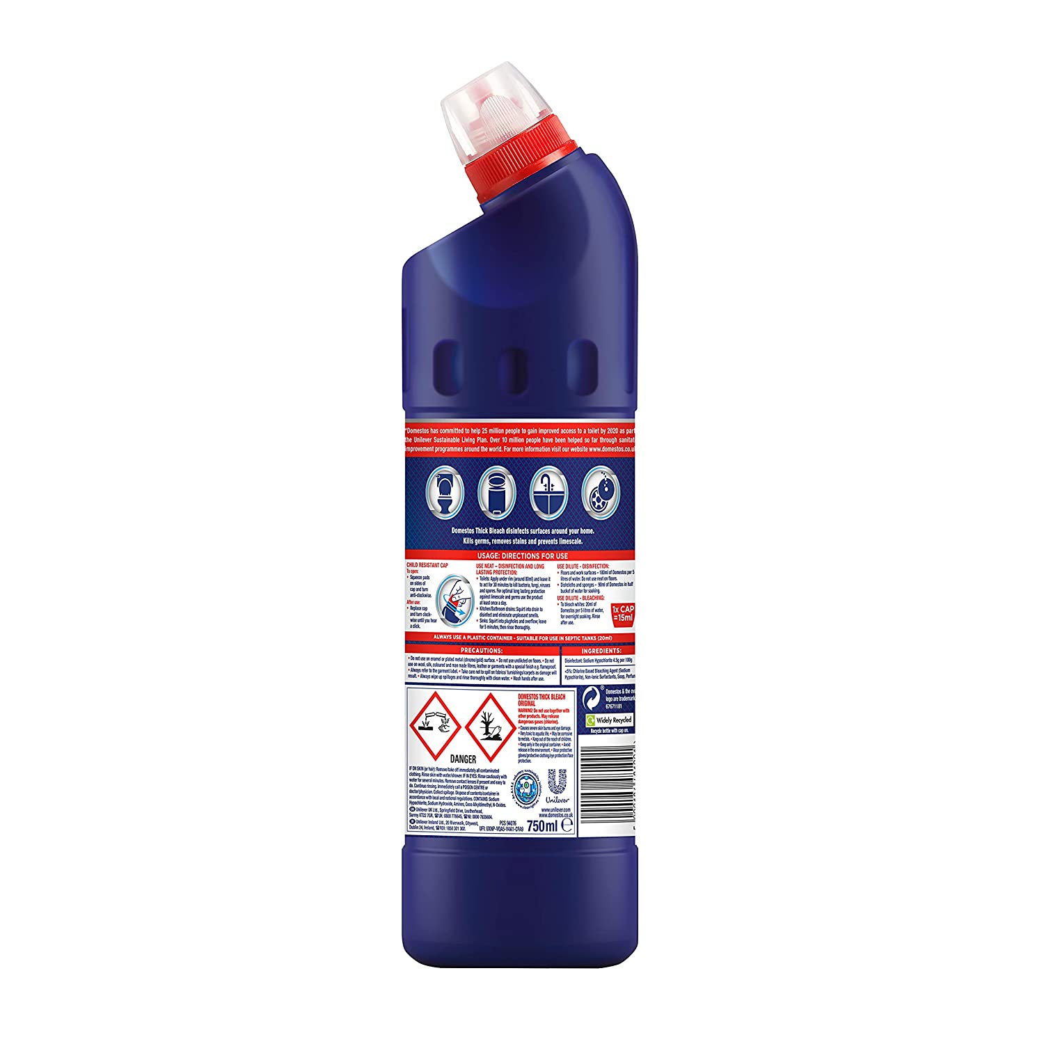 Domestos Original Thick Bleach disinfectant that eliminates 99.99% of bacteria and viruses* unstoppable strength 9x 750 ml - Image 2