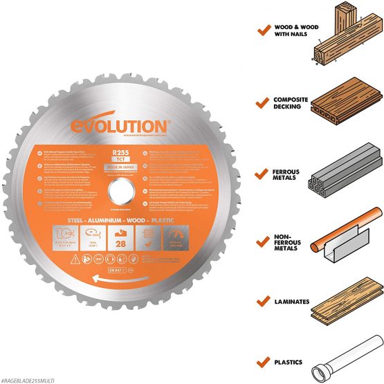 Evolution RAGEBLADE255MULTI - 255 mm Multi Material Mitre Saw Blade (AKA Wood Blade, Metal Cutting Blade, TCT Saw Blade) - Carbide Tipped Blade Cuts Wood, Metal and Plastic - Image 2